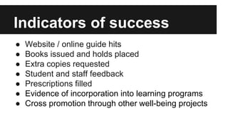 Indicators of success 
● Website / online guide hits 
● Books issued and holds placed 
● Extra copies requested 
● Student and staff feedback 
● Prescriptions filled 
● Evidence of incorporation into learning programs 
● Cross promotion through other well-being projects 
 