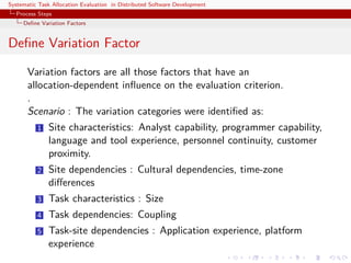 Systematic Task Allocation Evaluation in Distributed Software Development
  Process Steps
     Deﬁne Variation Factors


Deﬁne Variation Factor

       Variation factors are all those factors that have an
       allocation-dependent inﬂuence on the evaluation criterion.
       .
       Scenario : The variation categories were identiﬁed as:
          1   Site characteristics: Analyst capability, programmer capability,
              language and tool experience, personnel continuity, customer
              proximity.
          2   Site dependencies : Cultural dependencies, time-zone
              diﬀerences
          3   Task characteristics : Size
          4   Task dependencies: Coupling
          5   Task-site dependencies : Application experience, platform
              experience
 