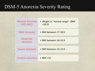 DSM-5 Anorexia Severity Rating
• Weight in “normal range” (BMI
>18.5)
Atypical Anorexia
(FED-NEC)
• BMI between 17-18.5Mild Anorexia
• BMI between 16-16.9
Moderate
Anorexia
• BMI between 15-15.9Severe Anorexia
• BMI <15Extreme Anorexia
 