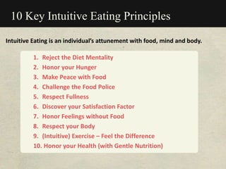 10 Key Intuitive Eating Principles
1. Reject the Diet Mentality
2. Honor your Hunger
3. Make Peace with Food
4. Challenge the Food Police
5. Respect Fullness
6. Discover your Satisfaction Factor
7. Honor Feelings without Food
8. Respect your Body
9. (Intuitive) Exercise – Feel the Difference
10. Honor your Health (with Gentle Nutrition)
Intuitive Eating is an individual’s attunement with food, mind and body.
 