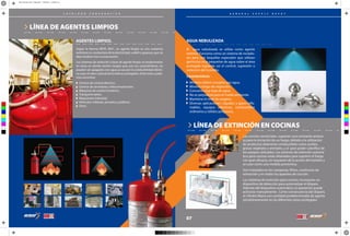 07
LÍNEA DE AGENTES LIMPIOS
AGENTES LIMPIOS.
Según la Norma NFPA 2001, un agente limpio es una sustancia
extintora no conductora de la electricidad, volátil o gaseosa, que no
deja residuos tras su evacuación. 
Los sistemas de extinción a base de agente limpio se implementan
en áreas en donde existen riesgos que, por sus características, no
pueden ser apagados con agua ya sea por la conductividad eléctri-
ca o por el valor cultural de los bienes protegidos. Entre estos, pode-
mos encontrar: 
Centros de control eléctrico. 
Centros de servidores y telecomunicación. 
Máquinas de control numérico. 
Transporte aéreo. 
Maquinaria industrial. 
Vehículos militares, privados y públicos. 
Otros 
G E N E R A L S U P P L Y D E P O T
AGUA NEBULIZADA
El  agua nebulizada se utiliza como agente
extintor. Funciona como un sistema de rociado-
res pero con boquillas especiales que utilizan
partículas muy pequeñas de agua sobre el área
protegida logrando así el control, supresión o
extinción del incendio. 
Características: 
Mínimos daños causados por agua. 
Mínimo riesgo de reignición. 
Consumo muy bajo de agua. 
No es perjudicial para el medio ambiente. 
Mantiene el nivel de oxígeno. 
Diversas aplicaciones: Líquidos y gases infla-
mables, equipos eléctricos, combustibles
ordinarios y sólidos peligrosos.
06
LÍNEA DE EXTINCIÓN EN COCINAS
Las cocinas comerciales  suponen una constante amena-
za para la iniciación de un fuego, debido a la utilización
de productos altamente combustibles como aceites,
grasas vegetales y animales, y al  gran poder calorífico de
los equipos utilizados. Los sistemas de extinción automá-
tico para cocinas están diseñados para suprimir el fuego
con gran eficacia, no requieren de la acción del hombre y
se usan como una medida preventiva. 
Son instalados en las campanas, filtros, conductos de
extracción y en todos los aparatos de cocción. 
Los sistemas de extinción para cocinas, incorporan un
dispositivo de detección para automatizar el disparo.
Además del dispositivo automático, la operación puede
activarse manualmente.  Como consecuencia del disparo,
el cilindro libera una cantidad predeterminada de agente
simultáneamente en las diferentes áreas protegidas.
Fire protection & Industrial Solutions
Fire protection & Industrial Solutions
C A T Á L O G O C O R P O R A T I V O
C
M
Y
CM
MY
CY
CMY
K
GSD_Brochure_2017_FINAL.pdf 5 9/03/2017 11:09:25 a. m.
 