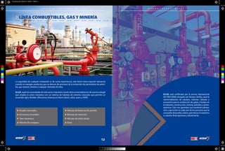 La seguridad de cualquier instalación es de suma importancia, este factor toma especial relevancia
cuando se manejan productos que se derivan de procesos de la extracción de yacimientos de petró-
leo, gas natural, minería o cualquier derivado de ellos. 
G.S.D. suple las necesidades de este sector industrial a través de la comercialización de una tecnología
que emplea la unión mecánica con un sistema de tuberías de extremo ranurado que permite un
ensamble ágil y flexible. Ofrecemos sistemas en hierro dúctil, cobre, acero y HDPE.
Acoples ranurados.
Accesorios ranurados 
Tees mecánicas 
Válvulas de mariposa. 
Válvulas de balanceo de presión. 
Válvulas de retención. 
Válvulas de esfera (bola). 
Otros 
LÍNEA COMBUSTIBLES, GAS Y MINERÍA
G E N E R A L S U P P L Y D E P O T
G.S.D. está certificado por la norma internacional
ISO 9001:2008 otorgado por Bureau Veritas, para la
comercialización de equipos, tuberías, válvulas y
accesorios para la conducción de gases y fluidos en
la industria, construcción, minería, petróleo y petro-
químicos. Esto nos garantiza una excelente planea-
ción y ejecución en cada uno de los procesos que la
compañía desarrolla a diario, para llevar el material a
su destino final oportuna y eficazmente.
12
Fire protection & Industrial Solutions
Fire protection & Industrial Solutions
C A T Á L O G O C O R P O R A T I V O
C
M
Y
CM
MY
CY
CMY
K
GSD_Brochure_2017_FINAL.pdf 8 9/03/2017 11:09:32 a. m.
 