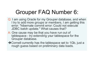 Grouper FAQ Number 6: Q:  I am using Oracle for my Grouper database, and when I try to add more groups or members, I am getting this error: "hibernate commit error: Could not execute JDBC batch update." What causes that? A:  One cause may be that you have run out of tablespace - try extending your tablespace for the Grouper database.  Cornell currently has the tablespace set to 1Gb, just a rough guess based on preliminary data loads. 