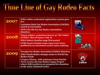 Time Line of Gay Rodeo Facts Georgia Gay Rodeo Association (GGRA) dissolves  IGRA Finals Rodeo changes name to World Gay Rodeo Finals  Gregory Hinton, with assistance from Patrick Terry creates the Gay Rodeo Legacy Project where IGRA archives are prepared for donation to the Autry National Center  2009 Wayne Jakino, sometimes known as "the Father of IGRA" dies of cancer, July 16  IGRA history timeline page first posted  CGRA looses domain name (cgra.com) when grabbed by an automated system upon expiring  2008 IGRA online contestant registration system goes live  Louisiana State Gay Rodeo Association (LSGRA) seated at convention  PONY (Pa Oh Ny) Gay Rodeo Association dissolves  2007 