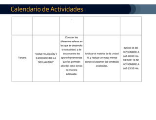 .
Tercera
“CONSTRUCCIÓN Y
EJERCICIO DE LA
SEXUALIDAD”
Conocer las
diferentes esferas en
las que se desarrolla
la sexualidad, y de
esta manera les
aporte herramientas
que les permitan
abordar estos temas
de manera
adecuada.
Analizar el material de la unidad
III, y realizar un mapa mental
donde se plasmen las temáticas
analizadas.
INICIO 06 DE
NOVIEMBRE A
LAS 00:00 Hrs.
CIERRE 12 DE
NOVIEMBRE A
LAS 23:55 Hrs.
 
