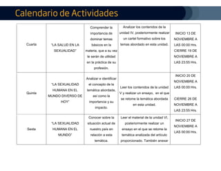 Cuarta “LA SALUD EN LA
SEXUALIDAD”
Comprender la
importancia de
dominar temas
básicos en la
materia, que a su vez
le serán de utilidad
en la práctica de su
profesión.
Analizar los contenidos de la
unidad IV, posteriormente realizar
un cartel formativo sobre los
temas abordado en esta unidad.
INICIO 13 DE
NOVIEMBRE A
LAS 00:00 Hrs.
CIERRE 19 DE
NOVIEMBRE A
LAS 23:55 Hrs.
Quinta
“LA SEXUALIDAD
HUMANA EN EL
MUNDO DIVERSO DE
HOY”
Analizar e identificar
el concepto de la
temática abordada,
así como la
importancia y su
impacto.
Leer los contenidos de la unidad
V y realizar un ensayo, en el que
se retome la temática abordada
en esta unidad.
INICIO 20 DE
NOVIEMBRE A
LAS 00:00 Hrs.
CIERRE 26 DE
NOVIEMBRE A
LAS 23:55 Hrs.
Sexta
“LA SEXUALIDAD
HUMANA EN EL
MUNDO”
Conocer sobre la
situación actual de
nuestro país en
relación a esta
temática.
Leer el material de la unidad VI,
posteriormente realizar un
ensayo en el que se retome la
temática analizada del artículo
proporcionado. También anexar
INICIO 27 DE
NOVIEMBRE A
LAS 00:00 Hrs.
 
