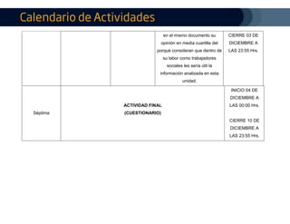 en el mismo documento su
opinión en media cuartilla del
porqué consideran que dentro de
su labor como trabajadores
sociales les sería útil la
información analizada en esta
unidad.
CIERRE 03 DE
DICIEMBRE A
LAS 23:55 Hrs.
Séptima
ACTIVIDAD FINAL
(CUESTIONARIO)
INICIO 04 DE
DICIEMBRE A
LAS 00:00 Hrs.
CIERRE 10 DE
DICIEMBRE A
LAS 23:55 Hrs.
 