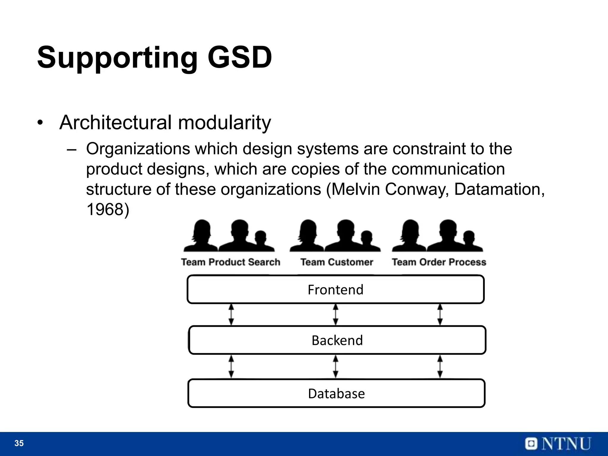 35
Supporting GSD
• Architectural modularity
– Organizations which design systems are constraint to the
product designs, which are copies of the communication
structure of these organizations (Melvin Conway, Datamation,
1968)
Frontend
Backend
Database
 