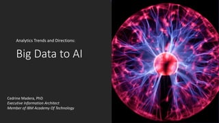 Big Data to AI
Analytics Trends and Directions:
Cedrine Madera, PhD
Executive Information Architect
Member of IBM Academy Of Technology
 