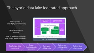 The hybrid data lake federated approach
To alleviate data
movement
To use
federated data
approach
To respect
data gravity
...