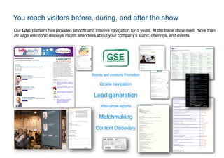 You reach visitors before, during, and after the show
Our GSE platform has provided smooth and intuitive navigation for 5 years. At the trade show itself, more than
20 large electronic displays inform attendees about your company’s stand, offerings, and events.




                                                   GSE
                                                   GroteckSmartEvent




                                          Brands and products Promotion

                                              Onsite navigation

                                           Lead generation
                                               After-show reports


                                              Matchmaking
                                            Content Discovery
 