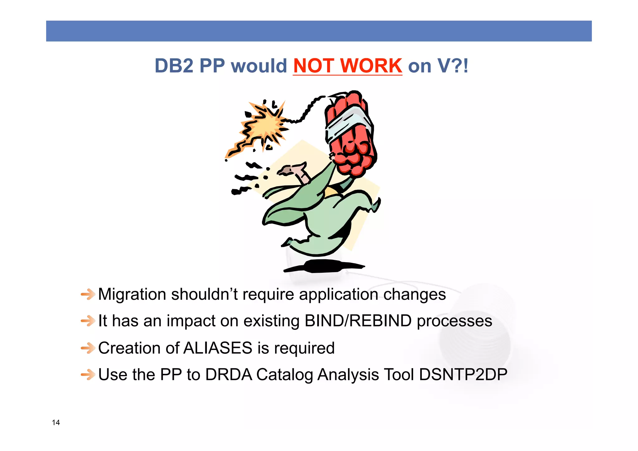 DB2 PP would NOT WORK on V?!




     
  Migration shouldn’t require application changes
     
  It has an impact on existing BIND/REBIND processes
     
  Creation of ALIASES is required
     
  Use the PP to DRDA Catalog Analysis Tool DSNTP2DP

14
 