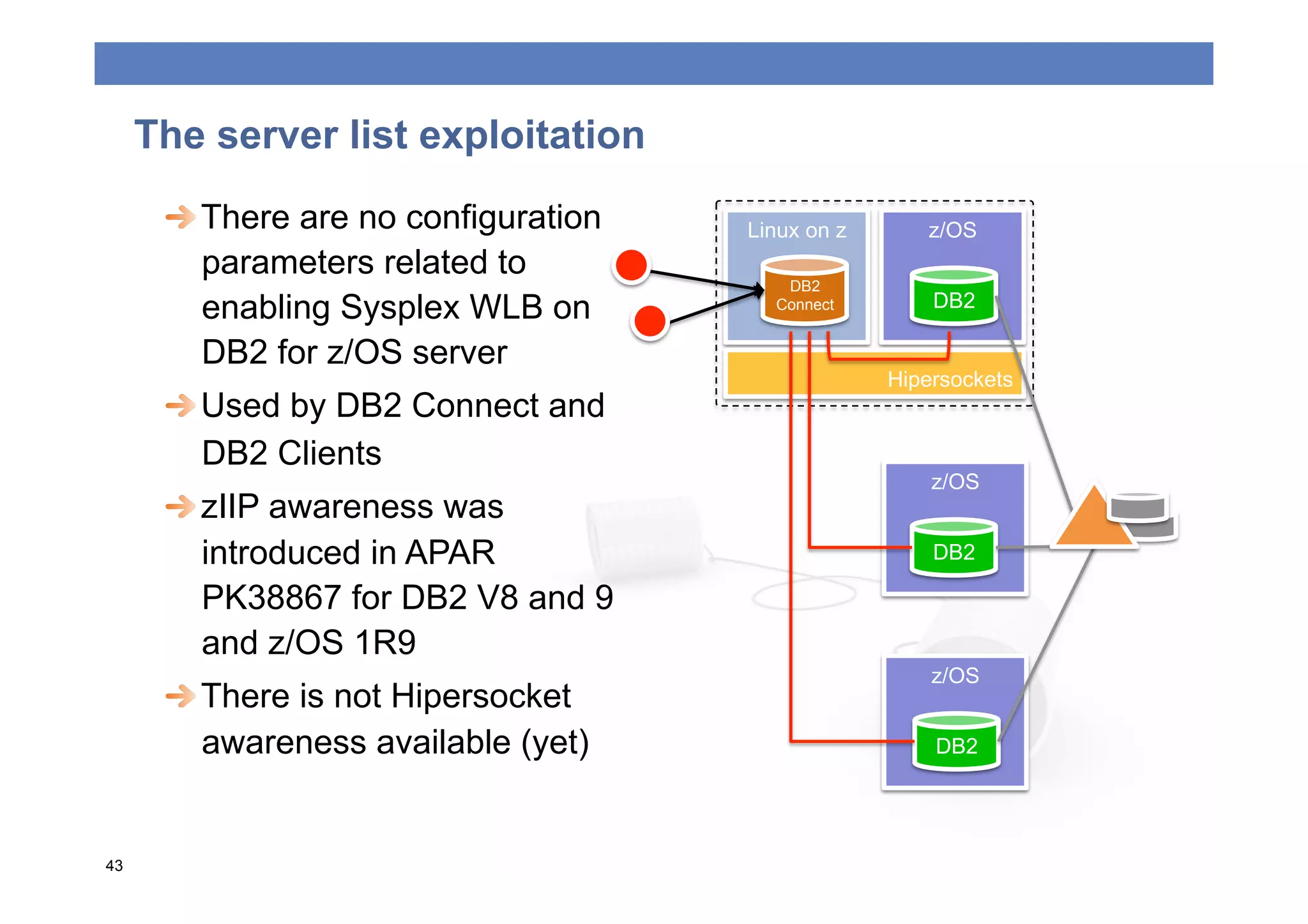 The server list exploitation
      
  There are no configuration   Linux on z      z/OS
         parameters related to
                                         DB2
         enabling Sysplex WLB on        Connect        DB2

         DB2 for z/OS server
                                                   Hipersockets
      
  Used by DB2 Connect and
         DB2 Clients
                                                       z/OS
      
  zIIP awareness was
         introduced in APAR                            DB2

         PK38867 for DB2 V8 and 9
         and z/OS 1R9
                                                       z/OS
      
  There is not Hipersocket
         awareness available (yet)                     DB2




43
 