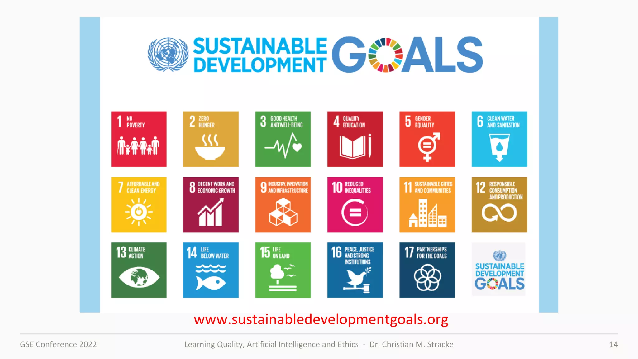 GSE Conference 2022 Learning Quality, Artificial Intelligence and Ethics - Dr. Christian M. Stracke 14
www.sustainabledevelopmentgoals.org
 