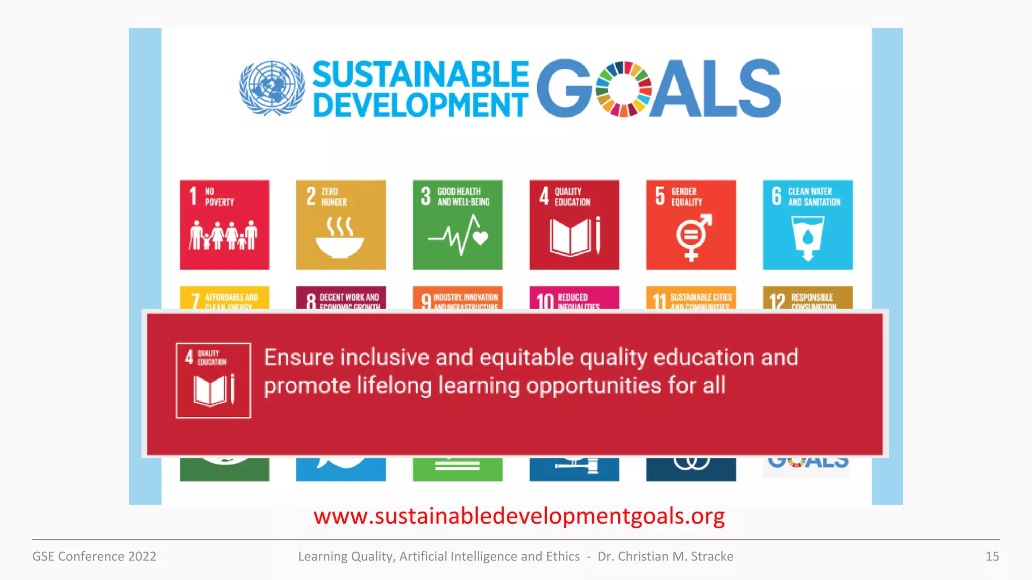 GSE Conference 2022 Learning Quality, Artificial Intelligence and Ethics - Dr. Christian M. Stracke 15
www.sustainabledevelopmentgoals.org
 