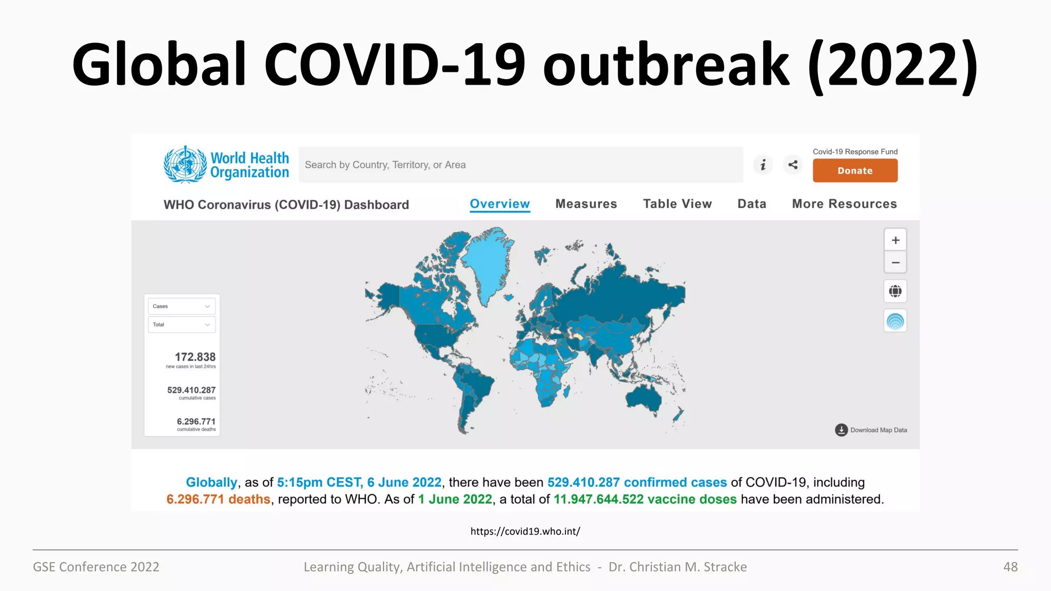 GSE Conference 2022 Learning Quality, Artificial Intelligence and Ethics - Dr. Christian M. Stracke 48
Global COVID-19 outbreak (2022)
https://covid19.who.int/
 