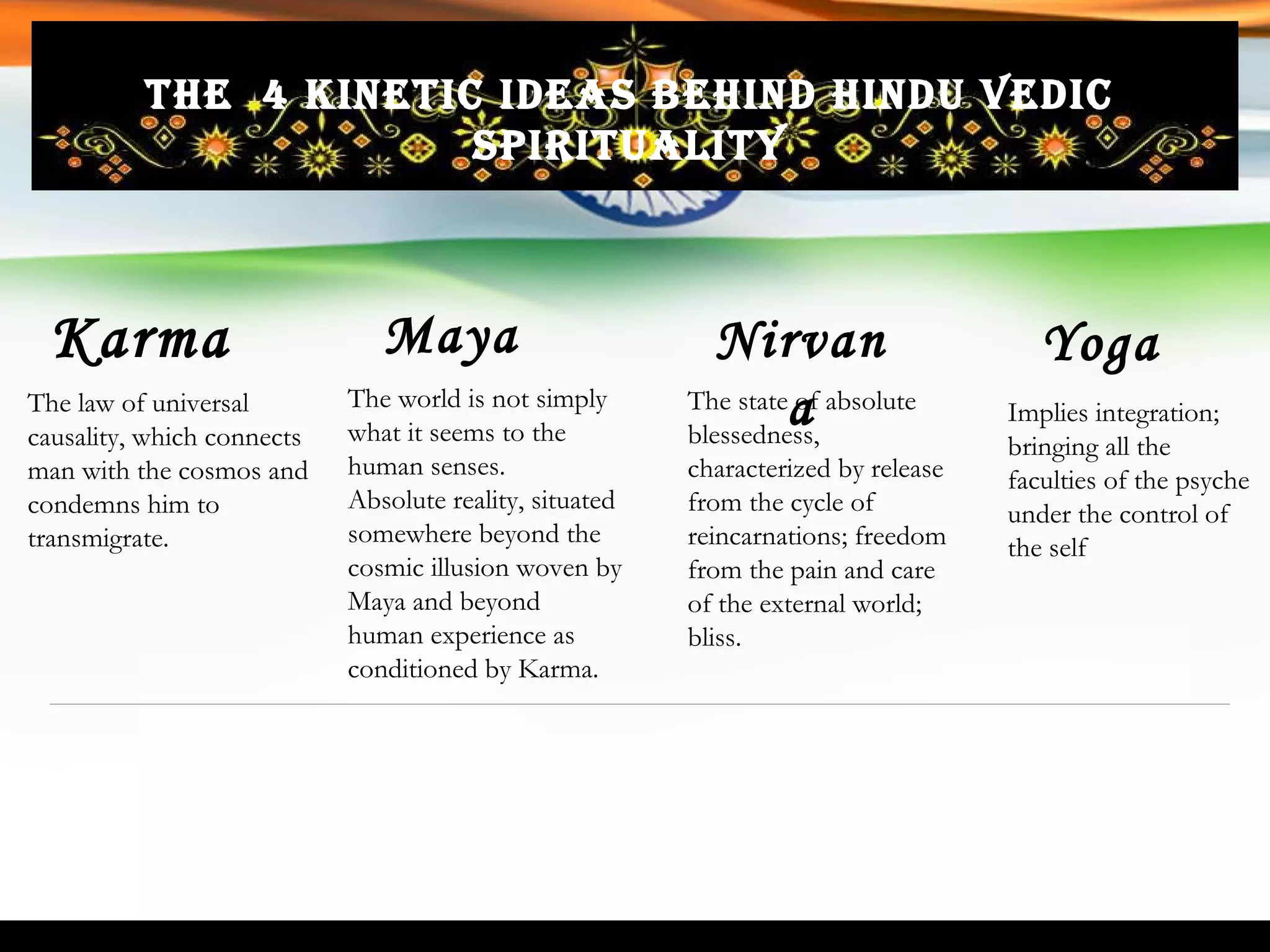 The  4 kinetic ideas behind Hindu Vedic Spirituality Karma Maya Nirvana Yoga The law of universal causality, which connects man with the cosmos and condemns him to transmigrate. The world is not simply what it seems to the human senses. Absolute reality, situated somewhere beyond the cosmic illusion woven by Maya and beyond human experience as conditioned by Karma.  The state of absolute blessedness, characterized by release from the cycle of reincarnations; freedom from the pain and care of the external world; bliss.  Implies integration; bringing all the faculties of the psyche under the control of the self  