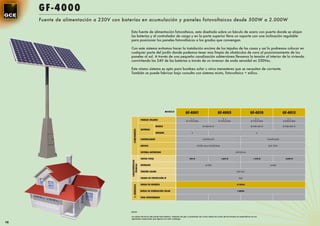 GF -4000
     Fuente de alimentación a 230V con baterías en acumulación y paneles fotovoltaicos desde 500W a 2.000W

                                          Esta fuente de alimentación fotovoltaica, esta diseñada sobre un báculo de acero con puerta donde se alojan
                                          las baterías y el controlador de carga y en la parte superior lleva un soporte con una inclinación regulable
                                          para posicionar los paneles fotovoltaicos a los grados que convengan.

                                          Con este sistema evitamos hacer la instalación encima de los tejados de las casas y así lo podremos colocar en
                                          cualquier parte del jardín donde podemos tener mas limpia de obstáculos de cara al posicionamiento de los
                                          paneles al sol. A través de una pequeña canalización subterránea llevamos la tensión al interior de la vivienda
                                          convirtiendo los 24V de las baterías a través de un inversor de onda senoidal en 230Vac.

                                          Este mismo sistema es apto para bombeo solar u otros menesteres que se necesiten de corriente.
                                          También se puede fabricar bajo consulta con sistema mixto, fotovoltaico + eólico.




                                                                                      MODELO
                                                                                                   GF-4001                          GF-4005                            GF-4010                      GF-4015
                                                                                                       1 x                               2 x                               3 x                          3 x
                                                            PANELES SOLARES                        SL175CE-30M                       SL175CE-30M                       SL175CE-30M                  SL230CE-30M

                                                                           MODELO                                    BT-HSE-70-12                                      BT-HSE-100-12                BT-HSE-200-12
                                                            BATERÍAS

                                             COMPONENTES
                                                                           UNIDADES                      2                                                                   4


                                                            CONTROLADOR                                             CONTR-2410                                                         CONTR-2420


                                                            BÁCULO                                             ACERO 4mm POLIGONAL                                                      BAP 1230


                                                            SISTEMA ANTIRROBO                                                                          OPCIONAL


                                                            VATIOS TOTAL                               500 W                            1.000 W                           1.500 W                     2.000 W
                                          CARACTERÍSTICAS




                                                            INVERSOR
                                             TÉCNICAS




                                                                                                                       AJ-350                                                            AJ-600


                                                            TENSIÓN SALIDA                                                                              230 VAC


                                                            GRADO DE PROTECCIÓN IP                                                                         IP65


                                                            HORAS DE RESERVA                                                                            18 HORAS
                                             C. GENERALES




                                                            HORAS DE GENERACIÓN SOLAR                                                                    3 HORAS


                                                            PESO APROXIMADO




                                          NOTA:

                                          Los datos técnicos del panel fotovoltaico, baterías de gel y luminarias así como todas las cotas de las farolas se especiﬁcan en los
                                          apartados especiales que ﬁguran en este catálogo.
98
 