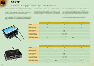 CONTR
                     Controladores de carga para baterías y para control de luminarias

      Nuestros controladores de carga son elementos indispensables en                   Para el encendido de la luminaria, este se controla cuando la ten-          Estos controladores llevan 4 leds que indican desde un 25% hasta un
      nuestro proceso de control de tensión de carga a las baterías.                    sión se produce el panel fotovoltaico al anochecer es inferior a 4Vdc       100% la carga de la batería permanentemente, al igual que con un
                                                                                        cierra el circuito y da paso al encendido de la luminaria, de la misma      micro interruptor a través de impulsos (datos técnicos que se facilitan,
      Cuando la tensión de entrada de placas supera los 29,5V, abre el                  manera que al amanecer el panel produce mas de 14V, este circuito           junto con la programación en el folleto de instrucciones que acom-
      circuito para que no haya una sobre tensión en la batería.                        se interrumpiría volviendo a su posición inicial de recarga de batería      paña al controlador) podemos preﬁjar los tiempos de encendido,
                                                                                        y así cíclicamente todos los días.                                          apagado y encendido de la luminaria.
      Así mismo si la tensión de la batería es inferior a 21,6Vdc, abre el cir-
      cuito de salida para que no se produzca una descarga profunda                                                                                                 La programación preﬁjada es de 6 horas de funcionamiento.
      en las baterías de gel a las cuales le inﬂuiría signiﬁcativamente en su
      vida útil.



                                                                                                                       CONTR-12102                                CONTR-24101                                    CONTR-24102

                                                                       AMPERIOS                                               10A                                      10A                                            10A

                                                                       VOLTIOS                                               12 VDC                                                          24 VDC

                                                                       CIRCUITOS DE SALIDA                                     2                                         1                                             2

                                                                       VOLTAJE APERTURA                                       7V                                                              17 V

                                                                       RETARDO CONEXIÓN                                                                               5 seg.

                                                                       VOLTAJE CIERRE                                                                                 4 VDC

                                                                       TIEMPO PROGRAMACIÓN                                                                       4 min. / 15 horas

                                                                       TEMPERATURA AMBIENTE                                                                        -10ºC - 55ºC

                                                                       DIMENSIONES                                                                               118 x 110 x 35 mm

                                                                       VOLTAJE MÁXIMO TRABAJO                                 22 V                                                            50 V

                                                                       PESO                                                                                           0,39 kg




                                                                                                                      CONTR-24202                                 CONTR-24302                                    CONTR-12202

                                                                       AMPERIOS                                               20A                                      30A                                            20A

                                                                       VOLTIOS                                                                 24 VDC                                                                12 VDC

                                                                       CIRCUITOS DE SALIDA                                                                              2

                                                                       VOLTAJE APERTURA                                                          17 V                                                                 7V

                                                                       RETARDO CONEXIÓN                                                                               5 seg.

                                                                       VOLTAJE CIERRE                                                                                 4 VDC

                                                                       TIEMPO PROGRAMACIÓN                                                                       4 min. / 15 horas

                                                                       TEMPERATURA AMBIENTE                                                                        -10ºC - 55ºC

                                                                       DIMENSIONES                                   160 x 100 x 40 mm                           210 x 110 x 60 mm                              118 x 110 x 35 mm

                                                                       VOLTAJE MÁXIMO TRABAJO                                                    36 V                                                                 25 V

                                                                       PESO                                                  0,61 kg                                  1,08 kg                                        0,39 kg



118
 