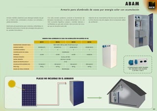ABAM
                                                                                       Armario para alumbrado de casas por energía solar con acumulación


Armario metálico diseñado para albergar baterías de gel          Con este armario podemos conectar el alumbrado de                Además de las características técnicas que se detalla en
en su interior más controlador e inversor con entradas y         lámparas microled plus, la nevera alimentada a 12 y 24           la ﬁcha técnica de esta página, lleva incorporado rejillas
salidas de tensión.                                              VDC (consultar frigoríﬁcos solares) y también televisor y        de ventilación
                                                                 ventiladores ya que este armario viene provisto de la ba-
Destinado principalmente para viviendas unifamiliares to-        ses que se necesitan para ello.
talmente autónomas a través de la energía solar gracias a
los paneles fotovoltaicos .




                                                          ARMARIO PARA ALUMBRADO DE CASAS CON ACUMULACIÓN POR BATERÍAS DE GEL

                                                   KIT-V1                     KIT-V2                         KIT-V3             KIT-V4

           DIMENSIONES ARMARIO (RAL)                                      800 X 400 X 400 mm (RAL 70.35) Puerta Azul

           MODELO BATERÍA                        BT-HSE-55-12              BT-HSE-70-12                  BT-HSE-100-12       BT-HSE-100-12

           CANTIDAD BATERÍAS                          4                         4                              2                  4

           CONTROLADOR DE CARGA                                                            CONTR-2410

           INVERSOR                                AJ-350                     AJ-350                         AJ-350           AJ600/24

           ENTRADA TENSIÓN                                                                De 24 a 29 VDC

           SALIDA TENSIÓN                                                              230 VCA Y 24 VDC

           GRADO DE PROTECCIÓN IP                                                             IP 65

           ACUMULACIÓN BATERÍAS (W)              110 Ah/24 V               140 Ah/24 V                     100 Ah/24 V       200 Ah/24 V

           PESO (Kg)                                98 Kg                     107 Kg                         89 Kg              149 Kg
                                                                                                                                                                                               CONEXIONADO PARTE TRASERA
           SALIDA DE ONDA INVERSOR                                                         RECTIFICADA                                                                                          DEL ARMARIO CON SALIDAS
                                                                                                                                                                                                     A 24 VDC Y 230 V




                                              PLACAS NO INCLUIDAS EN EL ARMARIO




                                                                                                                                                                                                                           121
 