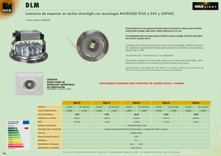 DLM
                                          Luminaria de empotrar en techos downlight con tecnología MICROLED PLUS a 24V y 230VAC
                                          S. Modelo utilidad Nº 200901592




                                                                                                                                                                                   Este producto no incorpora el arrancador en el precio, dado que el mismo
                                                                                                                                                                                   arrancador puede valer para varias potencias a la vez .

                                                                                                                                                                                   El controlador lleva incorporado el sistema para corregir el factor de poten-
                                                                                                                                                                                   cia a 0,96. Coseno de ⱷ.


                                                                                                                                                                                   Luminaria en metal con lacado en color acero inoxidable y difusor en alumi-
                                                                                                                                                                                   nio, diseñada especialmente para aplicaciones en interiores, con potencias
                                                                                                                                                                                   desde 10W a 30W.

                                                                                                                                                                                   Va provisto de 1 microled plus con disipador.

                                                                                                                                                                                   Se puede acoplar un arrancador para la suma de varios downlight, siem-
                                                                                                                                                                                   pre que la potencia no exceda la potencia del arrancador.

                                                                                                                                                                                   (por ejemplo, 6 downlight de 15W (90W) se le puede acoplar un arrancador de
                                                                                                                                                                                   100W, no incluimos en la tarifa el precio de los arrancadores)




                                                                      C ON SULT E
                                                                      N UE VA GAM A DE
                                                                                                                                                      ES P EC I A L M ENT E D I S EÑ A DA S PA RA I N TERI ORES EN COLORES B L AN CO Y DORADO
                                                                      DOWN LIG H T O RIE N TA B L ES
                                                                      E N FABRIC AC IÓ N
                                                                      ( d i s p o n i b l e s 2 º s e m e s t r e 2 010 )




                                                                                                                            DLM-10                          DLM-15                          DLM-20                            DLM-25                          DLM-30
                                                         TENSIÓN                                               24 VDC               85 - 265 VAC   24 VDC           85 - 265 VAC   24 VDC             85 - 265 VAC   24 VDC           85 - 265 VAC   24 VDC           85 - 265 VAC

                                                         COLOR TEMPERATURA K                                    3.800K                 4.500K      3.800K              4.500K      3.800K               4.500K       3.800K              4.500K      3.800K              4.500K

                                                         VATIOS LUMINARIA                                                    10 W                            15 W                              20 W                            25 W                            30 W
                                                         LÚMENES Lm en VATIOS                                               1.000 Lm                        1.500 Lm                        2.000 Lm                          2.500 Lm                        3.000 Lm

      CALIFICACIÓN                                       PESO                                                               0,95 Kg                         1,15 Kg                         1,30 Kg                           1,45 Kg                         1,60 Kg
      ENERGÉTICA
      Más eﬁciente                                       SISTEMA ILUMINACIÓN                                                                                                       1 MICROLED PLUS 36 VDC
      <30%        A++
                                                         CONSTRUCCIÓN PROYECTOR                                                                              MARCO MOLDEADO POR INYECCIÓN DE METAL . ACABADO TIPO INOX o BLANCO
      <30-42%        A+
      <42-55%             A                              VIDA ÚTIL                                                                                                                      50.000 HORAS
      <55-75%             B
      <75-90%                 C                          GRADO DE PROTECCIÓN IP                                                                                                                IP20
      <90-100%                D
                                                         EFICIENCIA                                                                                                                            92 %
      <100-100%                   E
      <110-125%                   F                      TEMPERATURA DE TRABAJO                                                                                                        -40ºC    ~ +80ºC
      <125%                           G
      Menos eﬁciente                                     DIMENSIONES LUMINARIA                                                                                                          230 x 100 mm

                                                                                                        A LA HORA DE ELEGIR ESPECIFICAR EL COLOR DE LA TEMPERATURA (3.800K ò 4.500K) Y LA TENSIÓN DE ENTRADA (24V o 85-230Vac)
126
 