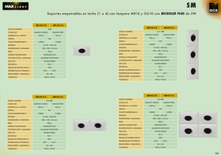 SM
                                          Soportes empotrables en techo (1 a 4) con lampara MR16 y GU10 con MICROLED PLUS de 3W


                           SM1-3V/3.8              SM1-3V/5.5
                                                                                                             SM3-3V/3.8               SM3-3V/5.5
VATIOS LAMPARA                             3W

COLOR LUZ                 BLANCO CÁLIDO            BLANCO FRÍO                    VATIOS LAMPARA                            3 x 3W

LÚMENES Lm en VATIOS          300 Lm                  330 Lm                      COLOR LUZ                 BLANCO CÁLIDO             BLANCO FRÍO

CRISTAL                                    NO                                     LÚMENES Lm en VATIOS         900 Lm                   990 Lm

COLOR TEMPERATURA K           3.800K                  5.500K                      CRISTAL                                     NO

TENSIÓN                            12 VDC - 230 VAC                               COLOR TEMPERATURA K          3.800K                   5.500K

DIMENSIONES LUMINARIA             100 x 100 x 125 mm                              TENSIÓN                            12 VDC - 230 VAC

PESO                                       150 g                                  DIMENSIONES LUMINARIA             300 x 100 x 125 mm

SISTEMA ILUMINACIÓN                   MICROLED PLUS                               PESO                                       450 g

CONSTRUCCIÓN LUMINARIA          ALUMINIO INYECTADO                                SISTEMA ILUMINACIÓN                MICROLED PLUS

VIDA ÚTIL                              50.000 HORAS                               CONSTRUCCIÓN LUMINARIA          ALUMINIO INYECTADO

EFICIENCIA                                 90 %                                   VIDA ÚTIL                             50.000 HORAS

GRADO DE PROTECCIÓN IP                     IP20                                   EFICIENCIA                                 90 %

TEMPERATURA DE TRABAJO             -40ºC    ~ +55ºC                               GRADO DE PROTECCIÓN IP                     IP20

ÍNDICE REPRO. CROMÁTICA                  RA > 80                                  TEMPERATURA DE TRABAJO             -40ºC    ~ +55ºC

CASQUILLO                              MR16 / GU10                                ÍNDICE REPRO. CROMÁTICA                   RA > 80

                                                                                  CASQUILLO                               MR16 / GU10




                                                                                                             SM4-3V/3.8               SM4-3V/5.5
                           SM2-3V/3.8              SM2-3V/5.5
                                                                                  VATIOS LAMPARA                            4x3W
VATIOS LAMPARA                           2x3W
                                                                                  COLOR LUZ                 BLANCO CÁLIDO             BLANCO FRÍO
COLOR LUZ                 BLANCO CÁLIDO            BLANCO FRÍO
                                                                                  LÚMENES Lm en VATIOS         1.200 Lm                 1.320 Lm
LÚMENES Lm en VATIOS         600 Lm                  660 Lm
                                                                                  CRISTAL                                     NO
CRISTAL                                    NO
                                                                                  COLOR TEMPERATURA K          3.800K                   5.500K
COLOR TEMPERATURA K          3.800K                  5.500K
                                                                                  TENSIÓN                            12 VDC - 230 VAC
TENSIÓN                           12 VDC - 230 VAC
                                                                                  DIMENSIONES LUMINARIA             200 x 200 x 125 mm
DIMENSIONES LUMINARIA            200 x 100 x 125 mm
                                                                                  PESO                                       600 g
PESO                                      300 g
                                                                                  SISTEMA ILUMINACIÓN                MICROLED PLUS
SISTEMA ILUMINACIÓN                MICROLED PLUS
                                                                                  CONSTRUCCIÓN LUMINARIA          ALUMINIO INYECTADO
CONSTRUCCIÓN LUMINARIA          ALUMINIO INYECTADO
                                                                                  VIDA ÚTIL                             50.000 HORAS
VIDA ÚTIL                             50.000 HORAS
                                                                                  EFICIENCIA                                 90 %
EFICIENCIA                                 90 %
                                                                                  GRADO DE PROTECCIÓN IP                     IP20
GRADO DE PROTECCIÓN IP                     IP20
                                                                                  TEMPERATURA DE TRABAJO             -40ºC    ~ +55ºC
TEMPERATURA DE TRABAJO            -40ºC     ~ +55ºC
                                                                                  ÍNDICE REPRO. CROMÁTICA                   RA > 80
ÍNDICE REPRO. CROMÁTICA                  RA > 80
                                                                                  CASQUILLO                               MR16 / GU10
CASQUILLO                              MR16 / GU10


                                                                                                                                                         129
 