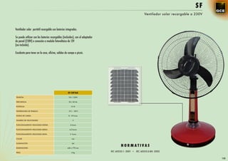 SF
                                                                                                          Ventilador solar recargable a 230V



Ventilador solar portátil recargable con baterías integradas.

Se puede utilizar con las baterías recargables (incluidas), con el adaptador
de pared (230V) o conexión a modulo fotovoltaico de 12V
(no incluido).

Excelente para tener en la casa, oﬁcina, salidas de campo o picnic.




                                                    SF-12V16A

TENSIÓN                                             12V / 230V

FRECUENCIA                                          50 / 60 Hz

POTENCIA                                               15 W

TEMPERATURA DE TRABAJO                              -5ºC ~ 50ºC

HORAS DE CARGA                                      8 - 10 horas

NUMERO DE VELOCIDADES                                    3

FUNCIONAMIENTO VELOCIDAD RÁPIDA                       4 horas

FUNCIONAMIENTO VELOCIDAD MEDIA                       4,5 horas

FUNCIONAMIENTO VELOCIDAD LENTA                        5 horas

COLOR                                                   rojo

ILUMINACIÓN                                             led

DIMENSIONES                                        440 x 770 mm
                                                                                       NORMATIVAS
PESO                                                   4 kg
                                                                               IEC 60335-1: 2001 • IEC 60335-2-80: 2002


                                                                                                                                               135
 