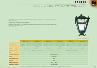 L ANT15
                                                               Luminaria con microled plus a 230VAC y 24V (15W - 40W) para exteriores




Luminaria en aluminio inyectado, diseñada especialmente para aplicaciones en exteriores, con potencias
desde 15W a 40W.

Va provisto de 1 microled plus con disipador.

Así mismo va integrado con 1 controlador de arranque para microled plus y con las características téc-
nicas que acompañamos en la
siguiente tabla.




                                                                                                                                                                                              LUMINARIA CON MICROLED PLUS


                                 LANT15-15                        LANT15-20                   LANT15-30                             LANT15-32                         LANT15-40                         LANT15-60

 TENSIÓN ENTRADA              24 V         85 - 230 VAC       24 V         85 - 230 VAC    24 V         85 - 230 VAC            24 V         85 - 230 VAC         24 V         85 - 230 VAC          24 V         85 - 230 VAC

 COLOR TEMPERATURA K         3.800K              4.500K      3.800K              4.500K   3.800K              4.500K           3.800K              4.500K        3.800K              4.500K         3.800K              4.500K

 VATIOS LUMINARIA                      15 W                            20 W                         30 W                                 32 W                              40 W                               60 W

 LÚMENES Lm en VATIOS                 1.500 Lm                        2.000 Lm                     3.000 Lm                             3.200 Lm                          4.000 Lm                           6.000 Lm

 SISTEMA ILUMINACIÓN                                      1 MICROLED PLUS 36 VDC (MDA)                                                                      4 MICROLED PLUS 36 VDC (MDA-4A)

 PESO

 CONSTRUCCIÓN PROYECTOR                                                                                       ALUMINIO INYECTADO

 VIDA ÚTIL                                                                                                       50.000 HORAS

 GRADO DE PROTECCIÓN IP                                                                                                 IP65

 EFICIENCIA                                                                                                             92 %

 TEMPERATURA DE TRABAJO                                                                                         -40ºC    ~ +80ºC

 DIMENSIONES LUMINARIA                                                                                         510 x 420 x 170 mm


                          A LA HORA DE ELEGIR ESPECIFICAR EL COLOR DE LA TEMPERATURA (3.800K ò 4.500K) Y LA TENSIÓN DE ENTRADA (24V o 85-230Vac)                                                                                 143
 