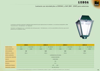 LISBOA
                                                                   Luminaria con microled plus a 230VAC y 24V (8W - 20W) para exteriores




             Luminaria en aluminio inyectado, diseñada especialmente para aplicaciones en exteriores, con potencias desde 8W a 20W.
             Va provisto de 1 microled plus con disipador.

             Así mismo va integrado con 1 controlador de arranque para 1 microled plus y con las características técnicas que acom-
             pañamos en la siguiente tabla.




                                         LISBOA-8                                   LISBOA-10                                             LISBOA-15                           LISBOA-20

TENSIÓN ENTRADA                  24 V               85 - 230 VAC            24 V                 85 - 230 VAC                     24 V                85 - 230 VAC    24 V                85 - 230 VAC

COLOR TEMPERATURA K             3.800K                4.500K               3.800K                  4.500K                        3.800K                 4.500K       3.800K                 4.500K

VATIOS LUMINARIA                            8W                                         10 W                                                 15 W                                20 W

LÚMENES Lm en VATIOS                       800 Lm                                     1.000 Lm                                             1.500 Lm                            2.000 Lm

SISTEMA ILUMINACIÓN                                                                                 1 MICROLED PLUS 36 VDC (MDA)

CONSTRUCCIÓN PROYECTOR                                                                                   ALUMINIO INYECTADO

VIDA ÚTIL                                                                                                       50.000 HORAS

GRADO DE PROTECCIÓN IP                                                                                               IP65

EFICIENCIA                                                                                                           92 %

TEMPERATURA DE TRABAJO                                                                                       -40ºC    ~ +80ºC

DIMENSIONES LUMINARIA                                                                                       440 x 320 x 320 mm


                         A LA HORA DE ELEGIR ESPECIFICAR EL COLOR DE LA TEMPERATURA (3.800K ò 4.500K) Y LA TENSIÓN DE ENTRADA (24V o 85-230Vac)                                                          145
 