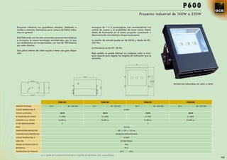 P600
                                                                                                                                   Proyector industrial de 160W a 230W



 Proyector industrial con grandisima robustez, destinado a                Incorpora de 1 a 6 arrancadores (ver características) con
 túneles o autovías, iluminación para campos de futbol, indus-            control de coseno y la posibilidad de hacer varias intensi-
 trias en general.                                                        dades de iluminación en el mismo proyector conectando o
                                                                          desconectando microled plus temporizadamente.
 Está fabricado con los más avanzados procesos tecnológicos
 e incorpora la nueva tecnología microled plus, por lo que                La tensión de entrada puede ser de 24Vdc y desde de 85 -
 sus rendimientos son excepcionales, con mas de 100 lúmenes               265 Vac.
 por vatio directos.
                                                                          La frecuencia es de 50 - 60 Hz.
 Una placa interior de cobre ayuda a tener una gran disipa-
 ción.                                                                    Bajo pedido se puede fabricar en cualquier color e incor-
                                                                          pora soporte para regular los ángulos de inclinación que se
                                                                          necesiten.




                                                                                                                                                                PROYECTOR INDUSTRIAL DE 160W A 230W




                                           P600-160                                P600-180                                          P600-210                              P600-240

TENSIÓN ENTRADA                   24 V                 85 - 265 VAC        24 V                85 - 265 VAC                 24 V                 85 - 265 VAC       24 V               85 - 265 VAC

COLOR TEMPERATURA K                                                                                           4.500K

VATIOS LUMINARIA                            160 W                                    180 W                                             210 W                                 240 W

Nº MICROLED EN VATIOS                      2 x 80W                                  3 x 60W                                           3 x 70W                               3 x 80W

LÚMENES Lm en VATIOS                       16.000 Lm                               18.000 Lm                                         21.000 Lm                             24.000 Lm

Nº DE ARRANCADORES                            2                                                                                         3

PESO                                                                                                          18,4 Kg

DIMENSIONES PROYECTOR                                                                                  420 x 330 x 132 mm

CONSTRUCCIÓN PROYECTOR                                                                              ALUMINIO EXTRUSIONADO

COLOR TEMPERATURA K                                                                                           4.500K

VIDA ÚTIL                                                                                                 50.000 HORAS

GRADO DE PROTECCIÓN IP                                                                                           IP65

EFICIENCIA                                                                                                       90 %

TEMPERATURA DE TRABAJO                                                                                   -40ºC    ~ +55ºC

                         A LA HORA DE ELEGIR ESPECIFICAR LA TENSIÓN DE ENTRADA (24V o 85-230Vac)
                                                                                                                                                                                                      153
 