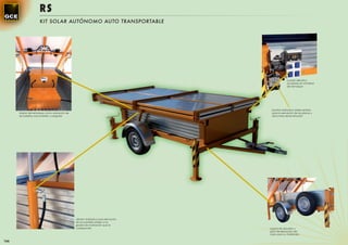 RS
                      KIT SOLAR AUTÓNOMO AUTO TRANSPORTABLE




                                                                                                  cuadro eléctrico
                                                                                                  acoplado en el lateral
                                                                                                  del remolque




                                                                                      bomba hidráulica doble sentido
      interior del remolque como ubicación de                                         para la elevación de las placas y
      las baterías mas inverter y cargador                                            de la torre de iluminación




                                                cilindro hidráulico para elevación
                                                de los paneles solares a los
                                                grados de inclinación que le
                                                corresponda                          ruedas de repuesto y
                                                                                     gato de elevación del
                                                                                     carro para su nivelación

166
 