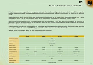 RS
                                                                                   KIT SOLAR AUTÓNOMO AUTO TRANSPORTABLE



El kit solar autónomo auto transportable tiene la capacidad de dotar de electricidad zonas o lugares donde la conexión de red de 230V no es posible,
utilizando la energía solar que es captada por sus paneles fotovoltaicos almacenándola en baterías y transformándola con un inversor que lleva incor-
porado.

Además este inversor permite su carga manual desde la red convencional, permitiendo así, dar más servicio al no tener que depender única y exclusi-
vamente del sol, lo que le da una gran versatilidad además de una gran ventaja al convertirse en un generador de muy fácil manejo.

Especialmente fabricado para dar servicio en obra pública o privada, permite adaptarse a otros tipos de servicios como puede ser la dotación de
electricidad a una casa de campo, en la que una vez ofrecido el servicio, el carro puede ser guardado evitando el robo o sustracción de los paneles
fotovoltaicos, algo muy frecuente hoy en día.

Al mismo tiempo se puede recargar directamente a la red. También esta perfectamente adaptado para poder manejar grúas (hasta 13 m de altura) que
son auto transportables (de la marca EUROCRANE) y que así facilita todo tipo de obras donde no hay electricidad.

Se puede equipar con compresor de aire, así como soldadura y torres de iluminación.




                                  RS-1000                         RS-2000                                     RS-3000              RS-4000

CONSTRUCCIÓN REMOLQUE                                                                   ACERO

Nº DE RUEDAS                                                                     2 RUEDAS 185/R 14C

RUEDA DE REPUESTO                                                                1 RUEDAS 185/R 14C

Nº DE EJES                                                                        1 EJE CON FRENO

POTENCIA PANELES                                                                      8 x 175W

POTENCIA INVERTER                 AJ 1300                         AJ 2400                                     XTM 3500             XTM 5000

POTENCIA NOMINAL                  1.000 W                         2.000 W                                      3.000 W              4.000 W

CARGADOR DE BATERÍAS                              EXTERIOR                                                 EN INVERTER (90A)   EN INVERTER (140A)

BATERÍAS Ah                      12 x 200 Ah                     12 x 400 Ah                                 12 x 600 Ah          12 x 1000 Ah

PESO TOTAL                        1.300 Kg                        1.400 Kg                                     1.550 Kg             1.850 Kg

CUADRO ELÉCTRICO                                                                   BLOCK 4 SUCKO

REGULADOR                                                                                40 A

CONSUMO USUARIO                  1.200 W/día                     2.400 W/día                                 3.600 W/día          6.000 W/día

PROYECTORES                                                                    2 x PS2430S (60W totales)

                                                                                                                                                        167
 