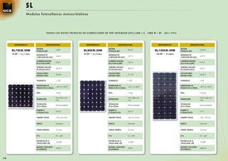 SL
                   Modulos fotovoltaicos monocristalinos




                                       TODOS LOS DATOS TÉCNICOS EN CONDICIONES DE TEST ESTÁNDAR (STC) (AM 1.5 , 1000 W / M 2 . 25+/-2ºC)




        REFERENCIA                     DESCRIPCIÓN                   REFERENCIA                     DESCRIPCIÓN                  REFERENCIA                     DESCRIPCIÓN

                          MÁXIMA                                                       MÁXIMA                                                      MÁXIMA
      SL75CE-30M          POTENCIA (WP)
                                                 75WP             SL95CE-30M           POTENCIA (WP)
                                                                                                              95 WP            SL120CE-30M         POTENCIA (WP)
                                                                                                                                                                          120 WP

      75 WP • 6 x 11pcs                                            95 WP • 6 x 21pcs                                           120 WP • 4 x 8pcs
                          INTENSIDAD DE                                                INTENSIDAD DE                                               INTENSIDAD DE
                                                 2,46 A                                                       3,27 A                                                      5,07 A
                          CORTOCIRCUITO (ISC)                                          CORTOCIRCUITO (ISC)                                         CORTOCIRCUITO (ISC)

                          CORRIENTE MÁXIMA                                             CORRIENTE MÁXIMA                                            CORRIENTE MÁXIMA
                                                 2,31A                                                        3,06 A                                                      4,74 A
                          DE LA PLACA (IMP)                                            DE LA PLACA (IMP)                                           DE LA PLACA (IMP)

                          APERTURA CIRCUITO                                            APERTURA CIRCUITO                                           APERTURA CIRCUITO
                                                 43,92 V                                                      38,43 V                                                     32,4 V
                          DE VOLTAJE (VOC)                                             DE VOLTAJE (VOC)                                            DE VOLTAJE (VOC)

                          VOLTAJE PUNTO                                                VOLTAJE PUNTO                                               VOLTAJE PUNTO
                                                 32,60V                                                       31,12 V                                                     26,36 V
                          MÁXIMO (VMP)                                                 MÁXIMO (VMP)                                                MÁXIMO (VMP)

                          TOLERANCIA             +- 5%                                 TOLERANCIA             +-5%                                 TOLERANCIA             +-5%

                          TEMPERATURA DE                                               TEMPERATURA DE                                              TEMPERATURA DE
                                                 -45ºC to +85ºC                                               -45ºC to +85ºC                                              -40ºC to +85ºC
                          TRABAJO DE LA CÉLULA                                         TRABAJO DE LA CÉLULA                                        TRABAJO DE LA CÉLULA

                          PESO                   10 Kg                                 PESO                   11 Kg                                PESO                   15.5 Kg

                                                 810 x 812 x 35                                               970 x 808 x 35                                              1347 x 668 x 35
                          DIMENSIONES                                                  DIMENSIONES                                                 DIMENSIONES
                                                 mm                                                           mm                                                          mm

                          TECNOLOGÍA                                                   TECNOLOGÍA                                                  TECNOLOGÍA
                                                 Monocristalina                                               Monocristalina                                              Monocristalina
                          DE LA CÉLULA                                                 DE LA CÉLULA                                                DE LA CÉLULA

                          NUMERO D                                                     NUMERO D                                                    NUMERO D
                                                 33 pcs                                                       42 pcs                                                      6x9
                          E CÉLULAS (PCS)                                              E CÉLULAS (PCS)                                             E CÉLULAS (PCS)

                          TAMAÑO CÉLULA          125 x 62,5 mm                         TAMAÑO CÉLULA          125 x 41,6 mm                        TAMAÑO CÉLULA          125 x 125 mm


                          MARCO                  Aluminio                              MARCO                  Aluminio                             MARCO                  Aluminio


                          CRISTAL FRONTAL        3,2 mm                                CRISTAL FRONTAL        3,2 mm                               CRISTAL FRONTAL        3,20 mm


                          FF %                   70 - 76%                              FF %                   70 - 76%                             FF %                   70 - 76%

                          EFICIENCIA DE LA                                             EFICIENCIA DE LA                                            EFICIENCIA DE LA
                                                 15,25%                                                       15,25%                                                      15,50%
                          CÉLULA PARA 12W                                              CÉLULA PARA 12W                                             CÉLULA PARA 12W

                          MÁXIMA CAPACIDAD                                             MÁXIMA CAPACIDAD                                            MÁXIMA CAPACIDAD
                                                 1000 V                                                       1000 V                                                      2400 Pa
                          DE SUPERFICIE                                                DE SUPERFICIE                                               DE SUPERFICIE



174
 