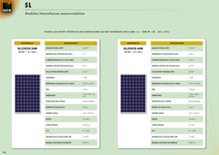 SL
            Modulos fotovoltaicos monocristalinos




                           TODOS LOS DATOS TÉCNICOS EN CONDICIONES DE TEST ESTÁNDAR (STC) (AM 1.5 , 1000 W / M 2 . 25+/-2ºC)




        REFERENCIA                                 DESCRIPCIÓN                             REFERENCIA                                DESCRIPCIÓN


      SL230CE-36M           MÁXIMA POTENCIA (WP)                  230 WP                SL250CE-48M           MÁXIMA POTENCIA (WP)                  250 WP

      230 WP • 8 x 12pcs                                                                 250 WP • 8 x 12pcs
                            INTENSIDAD DE CORTOCIRCUITO (ISC)     5A                                          INTENSIDAD DE CORTOCIRCUITO (ISC)     5,26 A


                            CORRIENTE MÁXIMA DE LA PLACA (IMP)    7,66 A                                      CORRIENTE MÁXIMA DE LA PLACA (IMP)    4,92 A


                            APERTURA CIRCUITO DE VOLTAJE (VOC)    36 V                                        APERTURA CIRCUITO DE VOLTAJE (VOC)    59,9 V


                            VOLTAJE PUNTO MÁXIMO (VMP)            30,01 V                                     VOLTAJE PUNTO MÁXIMO (VMP)            58,78 V


                            TOLERANCIA                            +-5%                                        TOLERANCIA                            +- 5%


                            TEMPERATURA DE TRABAJO DE LA CÉLULA   -40ºC to +85ºC                              TEMPERATURA DE TRABAJO DE LA CÉLULA   -45ºC to +85ºC


                            PESO                                  19 Kg                                       PESO                                  19,5 Kg

                                                                  1645 x 990 x 40                                                                   1600 x 1050 x
                            DIMENSIONES                                                                       DIMENSIONES
                                                                  mm                                                                                40 mm

                            TECNOLOGÍA DE LA CÉLULA               Monocristalina                              TECNOLOGÍA DE LA CÉLULA               Monocristalina


                            NUMERO DE CÉLULAS (PCS)               96 pcs                                      NUMERO DE CÉLULAS (PCS)               96 pcs


                            TAMAÑO CÉLULA                         125 x 125 mm                                TAMAÑO CÉLULA                         125 x 125 mm


                            MARCO                                 Aluminio                                    MARCO                                 Aluminio


                            CRISTAL FRONTAL                       3,20 mm                                     CRISTAL FRONTAL                       3,2 mm


                            FF %                                  70 - 76%                                    FF %                                  70 - 76%


                            EFICIENCIA DE LA CÉLULA PARA 12W      16,25%                                      EFICIENCIA DE LA CÉLULA PARA 12W      17,65%


                            MÁXIMA CAPACIDAD DE SUPERFICIE        2400 Pa                                     MÁXIMA CAPACIDAD DE SUPERFICIE        2400 Pa




176
 