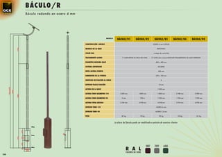 BÁCULO/R
      Báculo redondo en acero 4 mm




                                                              MODELO
                                                                          BÁCULO/R1             BÁCULO/R2              BÁCULO/R3              BÁCULO/R4          BÁCULO/R5
                                     CONSTRUCCIÓN BÁCULO                                                             ACERO 4 mm S-235JR

                                     MODELO DE LA BASE                                                                    REDONDO

                                     COLOR RAL                                                                        a elegir de carta RAL

                                     TRATAMIENTO ACERO                         1ª CAPA EPOXI 2C RICA EN CINZ    -   2ª CAPA (dos manos) ESMALTE POLIURETANO 2C ALTO ESPESOR

                                     DIÁMETRO MÁXIMO BASE                                                               400 x 400 mm

                                     SISTEMA ANTIRROBO                                                                     DE SERIE

                                     NIVEL ALTURA PUERTA                                                                    400 mm

                                     DIMENSIÓN DE LA PUERTA                                                             290 x 180 mm

                                     ORIFICIOS DE FIJACIÓN AL SUELO                                                            4

                                     ESPESOR PLACA FIJACIÓN                                                                 10 mm

                                     ALTURA DE LA BASE                                                                     1.200 mm

                                     ALTURA TUBO DIÁMETRO 114                1.800 mm              1.800 mm                1.800 mm            2.980 mm             3.980 mm

                                     ALTURA TUBO DIÁMETRO 90                   0 mm                 700 m                  1.700 mm            1.700 mm             1.700 mm

                                     ALTURA TOTAL BÁCULO                     3.218 mm              3.918 mm                4.918 mm             5.918 mm            6.918 mm

                                     ESPESOR TUBO 114                                                                    ACERO 4 mm

                                     ESPESOR TUBO 90                                                                    ACERO 3,2 mm

                                     PESO                                      87 kg                 93 kg                    99 kg                110 kg             121 kg



                                                                       La altura del báculo puede ser modificada a petición de nuestros clientes




                                                                                                             3007      7039           6404
                                                                                    R A L
                                                                                    COLORES DE SERIE
184
 