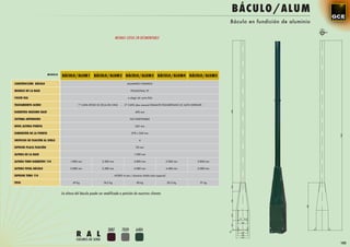 BÁCULO/AL UM
                                                                                                                                                    Báculo en fundición de aluminio


                                                                           MISMAS COTAS EN DESMONTABLE




                         MODELO
                                  BÁCULO/ALUM1 BÁCULO/ALUM2 BÁCULO/ALUM3 BÁCULO/ALUM4 BÁCULO/ALUM5
CONSTRUCCIÓN BÁCULO                                                                   ALUMINIO FUNDIDO

MODELO DE LA BASE                                                                          POLIGONAL 2T

COLOR RAL                                                                              a elegir de carta RAL

TRATAMIENTO ACERO                             1ª CAPA EPOXI 2C RICA EN CINZ     -    2ª CAPA (dos manos) ESMALTE POLIURETANO 2C ALTO ESPESOR

DIÁMETRO MÁXIMO BASE                                                                          450 mm

SISTEMA ANTIRROBO                                                                          NO DISPONIBLE

NIVEL ALTURA PUERTA                                                                           262 mm

DIMENSIÓN DE LA PUERTA                                                                     278 x 260 mm

ORIFICIOS DE FIJACIÓN AL SUELO                                                                  4

ESPESOR PLACA FIJACIÓN                                                                        20 mm

ALTURA DE LA BASE                                                                            1.280 mm

ALTURA TUBO DIÁMETRO 114                1.800 mm               2.300 mm                      2.800 mm                  3.200 mm          3.800 mm

ALTURA TOTAL BÁCULO                     3.080 mm               3.580 mm                      4.080 mm                  4.480 mm          5.080 mm

ESPESOR TUBO 114                                                           ACERO 4 mm / aluminio doble tubo especial

PESO                                      69 kg                  74,5 kg                       80 kg                   85,5 kg            91 kg



                                  La altura del báculo puede ser modificada a petición de nuestros clientes




                                                                    3007            7039      6404
                                            R A L
                                            COLORES DE SERIE
                                                                                                                                                                                      185
 