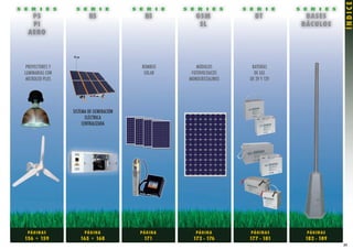 ÍNDICE
S E R I E S         S E R I E              S E R I E   S E R I E S        S E R I E       S E R I E S
    PS                     RS                  BS          G SM               BT            BA S ES
    PI                                                      SL                             BÁC U LO S
   AE RO




   PROYECTORES Y                             BOMBEO        MÓDULOS           BATERÍAS
  LUMINARIAS CON                              SOLAR      FOTOVOLTAICOS        DE GEL
   MICROLED PLUS                                        MONOCRISTALINOS     DE 2V Y 12V




                   SISTEMA DE GENERACIÓN
                          ELÉCTRICA
                        CENTRALIZADA




   PÁGIN AS              PÁGIN A             PÁGIN A       PÁGIN A          PÁGIN AS        PÁGIN AS
  156 • 159           165 • 168               171         172 - 176        177 - 181        182 - 189
                                                                                                        25
 