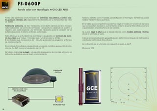 FS-0600P
                    Farola solar con tecnología MICROLED PLUS


     Farola solar destinada a la iluminación de exteriores, vías públicas, caminos rura-   Todos los detalles como medidas para la ﬁjación en hormigón. También se puede
     les, parques naturales, etc. Especialmente diseñada por su temperatura de color       realizar mediante tacos químicos.
     de 4.500K.
                                                                                           En la tabla que acompañamos podemos elegir el modelo en función de las horas
     Totalmente autónoma, de fácil instalación, en el diseño del báculo lleva incorpo-     que se necesiten de reserva, aumentando así tanto el panel fotovoltaico como la
     rado las baterías así como el controlador y el oportuno cableado de positivo y        capacidad en amperios/hora de las baterías.
     negativo con cable especial y los terminales necesarios para la conexión de las
     baterías (opcional el sistema antirrobo patentado).                                   Se puede elegir la altura que se desee estando como medida estándar 4 metros,
                                                                                           desde la luminaria al suelo.
     Todo el báculo es en fundición de aluminio y va equipado con luminaria de alumi-
     nio inyectado que incluye 1 microled plus y un arrancador a 24Vdc.                    Indicar siempre la situación geográﬁca para determinar el ángulo de inclinación y
     El controlador que incorpora es de 1 circuito que podemos programar el tiempo         orientación del módulo fotovoltaico.
     de funcionamiento.
                                                                                           La inclinación de la luminaria con respecto al suelo es de 8º.
     En el módulo fotovoltaicos va previsto de un soporte metálico que permite la rota-
     ción de 0 a 360º, como la translación de 0 a 75º.                                     Eﬁciencia 92%.

     Se fabrica bajo el ral a elegir y va prevista de esquema de montaje así como las
     instrucciones básicas para el buen funcionamiento.




                                                                 LUMINARIA
                                                                   PROTEA




             ARRANCADOR PARA
               MICROLED PLUS




                                                                MICROLED PLUS

56
 