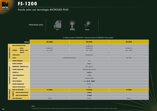 FS-1200
                                                         Farola solar con tecnología MICROLED PLUS




                                                                                PRINCIPALES USOS:

                                                                                                                                                                    PARQUES
                                                                                                                                      CASA                         NATURALES                       JARDINES




                                                                                                                                                     S. Modelo comunitario Nº 001163778 • S. Patente de invención Nº 200901998 “Farola ecológica”


                                                                       MODELO                                     FS-1205                                                                             FS-1210                                                              FS-1215
                                                                                                                                                                                                         2 x
                                       PANEL FOTOVOLTAICO (WP)
                                                                                                                                                                                                     SL75CE-30M
                                                            MODELO                                               BT-HSE-70-12                                                                        BT-HSE-55-12                                                          BT-HSE-70-12
     COMPONENTES FAROLA




                                       BATERÍAS             AMPERIOS / HORA                                       24V - 70Ah                                                                         24V - 110Ah                                                           24V - 140Ah
                                                            UNIDADES                                                   2                                                                                                                             4

                                       CONTROLADOR                                                                                                                                                  CONTR-24101

                                       BÁCULO                                                                                                        FUNDICIÓN ALUMINIO                                                                                                     BAP 1230

                                       SISTEMA ANTIRROBO                                                                                                                                                  NO

                                       MODELO LUMINARIA                                                                                                                                                 BARCA

                                       DIMENSIONES LUMINARIA (mm)                                                                                                                                   400 x 400 mm
     CARACTERÍSTICAS DE LA LUMINARIA




                                       SISTEMA ILUMINACIÓN                                                                                                                                    MICROLED PLUS 36 VDC

                                       LÚMENES Lm                                                                                                                                                      4.000 Lm

                                       COLOR TEMPERATURA K                                                                                                                                              4.500K

                                       VIDA ÚTIL                                                                                                                                                   50.000 HORAS

                                       VATIOS LUMINARIA                                                                                                                                         2 x 20 W (40W)

                                       TENSIÓN ALIMENTACIÓN                                                                                                                                             24 VDC

                                       GRADO DE PROTECCIÓN IP                                                                                                                                            IP65

                                       HORAS DE AUTONOMÍA                                                         21 HORAS                                                                            34 HORAS                                                             42 HORAS
     CARACT. GENERALES


                                       RENDIMIENTO




                                                     HORAS DE RADIACIÓN SOLAR                                                                                                                          4 HORAS

                                                     HORAS DE FUNCIONAMIENTO                                                                                                                           13 HORAS

                                       PESO APROXIMADO                                                              190 Kg                                                                              212 Kg                                                               245 Kg




                                                                                   NOTA:

                                                                                   Los datos técnicos del panel fotovoltaico baterías de gel y luminarias así como todas las cotas de las farolas se especiﬁcan en los apartados especiales que ﬁguran en este catálogo.
86
 