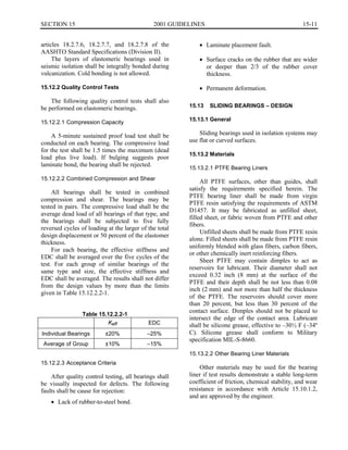 15-11SECTION 15	 2001 GUIDELINES
articles 18.2.7.6, 18.2.7.7, and 18.2.7.8 of the
AASHTO Standard Specifications (Division II).
The layers of elastomeric bearings used in
seismic isolation shall be integrally bonded during
vulcanization. Cold bonding is not allowed.
15.12.2 Quality Control Tests
The following quality control tests shall also
be performed on elastomeric bearings.
15.12.2.1 Compression Capacity
A 5-minute sustained proof load test shall be
conducted on each bearing. The compressive load
for the test shall be 1.5 times the maximum (dead
load plus live load). If bulging suggests poor
laminate bond, the bearing shall be rejected.
15.12.2.2 Combined Compression and Shear
All bearings shall be tested in combined
compression and shear. The bearings may be
tested in pairs. The compressive load shall be the
average dead load of all bearings of that type, and
the bearings shall be subjected to five fully
reversed cycles of loading at the larger of the total
design displacement or 50 percent of the elastomer
thickness.
For each bearing, the effective stiffness and
EDC shall be averaged over the five cycles of the
test. For each group of similar bearings of the
same type and size, the effective stiffness and
EDC shall be averaged. The results shall not differ
from the design values by more than the limits
given in Table 15.12.2.2-1.
Table 15.12.2.2-1
Keff EDC
Individual Bearings ±20% –25%
Average of Group ±10% –15%
15.12.2.3 Acceptance Criteria
After quality control testing, all bearings shall
be visually inspected for defects. The following
faults shall be cause for rejection:
•	 Lack of rubber-to-steel bond.
•	 Laminate placement fault.
•	 Surface cracks on the rubber that are wider
or deeper than 2/3 of the rubber cover
thickness.
•	 Permanent deformation.
15.13 SLIDING BEARINGS – DESIGN
15.13.1 General
Sliding bearings used in isolation systems may
use flat or curved surfaces.
15.13.2 Materials
15.13.2.1 PTFE Bearing Liners
All PTFE surfaces, other than guides, shall
satisfy the requirements specified herein. The
PTFE bearing liner shall be made from virgin
PTFE resin satisfying the requirements of ASTM
D1457. It may be fabricated as unfilled sheet,
filled sheet, or fabric woven from PTFE and other
fibers.
Unfilled sheets shall be made from PTFE resin
alone. Filled sheets shall be made from PTFE resin
uniformly blended with glass fibers, carbon fibers,
or other chemically inert reinforcing fibers.
Sheet PTFE may contain dimples to act as
reservoirs for lubricant. Their diameter shall not
exceed 0.32 inch (8 mm) at the surface of the
PTFE and their depth shall be not less than 0.08
inch (2 mm) and not more than half the thickness
of the PTFE. The reservoirs should cover more
than 20 percent, but less than 30 percent of the
contact surface. Dimples should not be placed to
intersect the edge of the contact area. Lubricant
shall be silicone grease, effective to –30½ F (–34º
C). Silicone grease shall conform to Military
specification MIL-S-8660.
15.13.2.2 Other Bearing Liner Materials
Other materials may be used for the bearing
liner if test results demonstrate a stable long-term
coefficient of friction, chemical stability, and wear
resistance in accordance with Article 15.10.1.2,
and are approved by the engineer.
 
