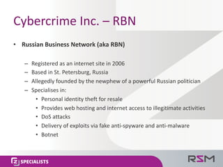 Cybercrime	Inc.	– RBN
• Russian	Business	Network	(aka	RBN)
– Registered	as	an	internet	site	in	2006
– Based	in	St.	Petersb...