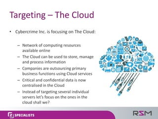 Targeting	– The	Cloud
• Cybercrime	Inc.	is	focusing	on	The	Cloud:
– Network	of	computing	resources	
available	online
– The	Cloud	can	be	used	to	store,	manage	
and	process	information
– Companies	are	outsourcing	primary	
business	functions	using	Cloud	services
– Critical	and	confidential	data	is	now	
centralised	in	the	Cloud
– Instead	of	targeting	several	individual	
servers	let’s	focus	on	the	ones	in	the	
cloud	shall	we?
 
