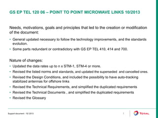 Needs, motivations, goals and principles that led to the creation or modification
of the document:
• General updated necessary to follow the technology improvements, and the standards
evolution.
• Some parts redundant or contradictory with GS EP TEL 410, 414 and 700.
Nature of changes:
• Updated the data rates up to n x STM-1, STM-4 or more.
• Revised the listed norms and standards, and updated the superseded and cancelled ones.
• Revised the Design Conditions, and included the possibility to have auto-tracking
stabilized antennas for offshore links
• Revised the Technical Requirements, and simplified the duplicated requirements
• Revised the Technical Documents , and simplified the duplicated requirements
• Revised the Glossary
Support document - 10/ 2013 1
GS EP TEL 120 06 – POINT TO POINT MICROWAVE LINKS 10/2013
 