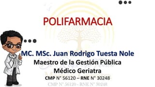 POLIFARMACIA
MC. MSc. Juan Rodrigo Tuesta Nole
Maestro de la Gestión Pública
Médico Geriatra
CMP N° 56120 – RNE N° 30248
 