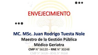 ENVEJECIMIENTO
MC. MSc. Juan Rodrigo Tuesta Nole
Maestro de la Gestión Pública
Médico Geriatra
CMP N° 56120 – RNE N° 30248
 