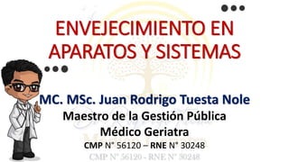 ENVEJECIMIENTO EN
APARATOS Y SISTEMAS
MC. MSc. Juan Rodrigo Tuesta Nole
Maestro de la Gestión Pública
Médico Geriatra
CMP N° 56120 – RNE N° 30248
 