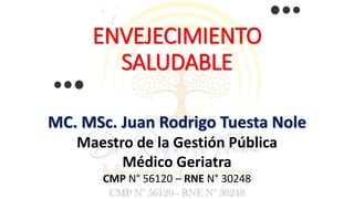 ENVEJECIMIENTO
SALUDABLE
MC. MSc. Juan Rodrigo Tuesta Nole
Maestro de la Gestión Pública
Médico Geriatra
CMP N° 56120 – RNE N° 30248
 