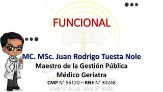 FUNCIONAL
MC. MSc. Juan Rodrigo Tuesta Nole
Maestro de la Gestión Pública
Médico Geriatra
CMP N° 56120 – RNE N° 30248
 