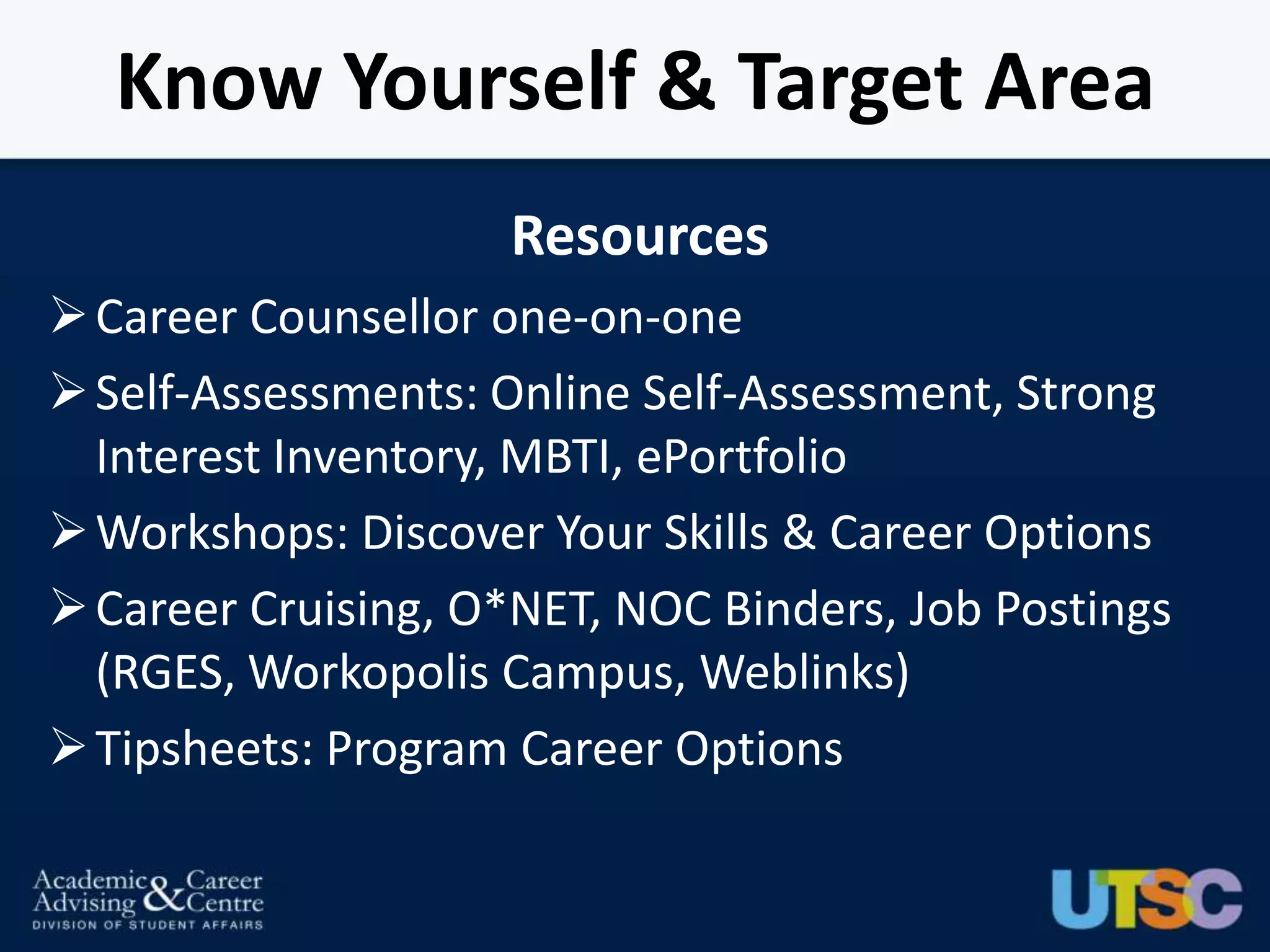 Know Yourself & Target Area
                     Resources
 Career Counsellor one-on-one
 Self-Assessments: Online Self-Assessment, Strong
  Interest Inventory, MBTI, ePortfolio
 Workshops: Discover Your Skills & Career Options
 Career Cruising, O*NET, NOC Binders, Job Postings
  (RGES, Workopolis Campus, Weblinks)
 Tipsheets: Program Career Options
 