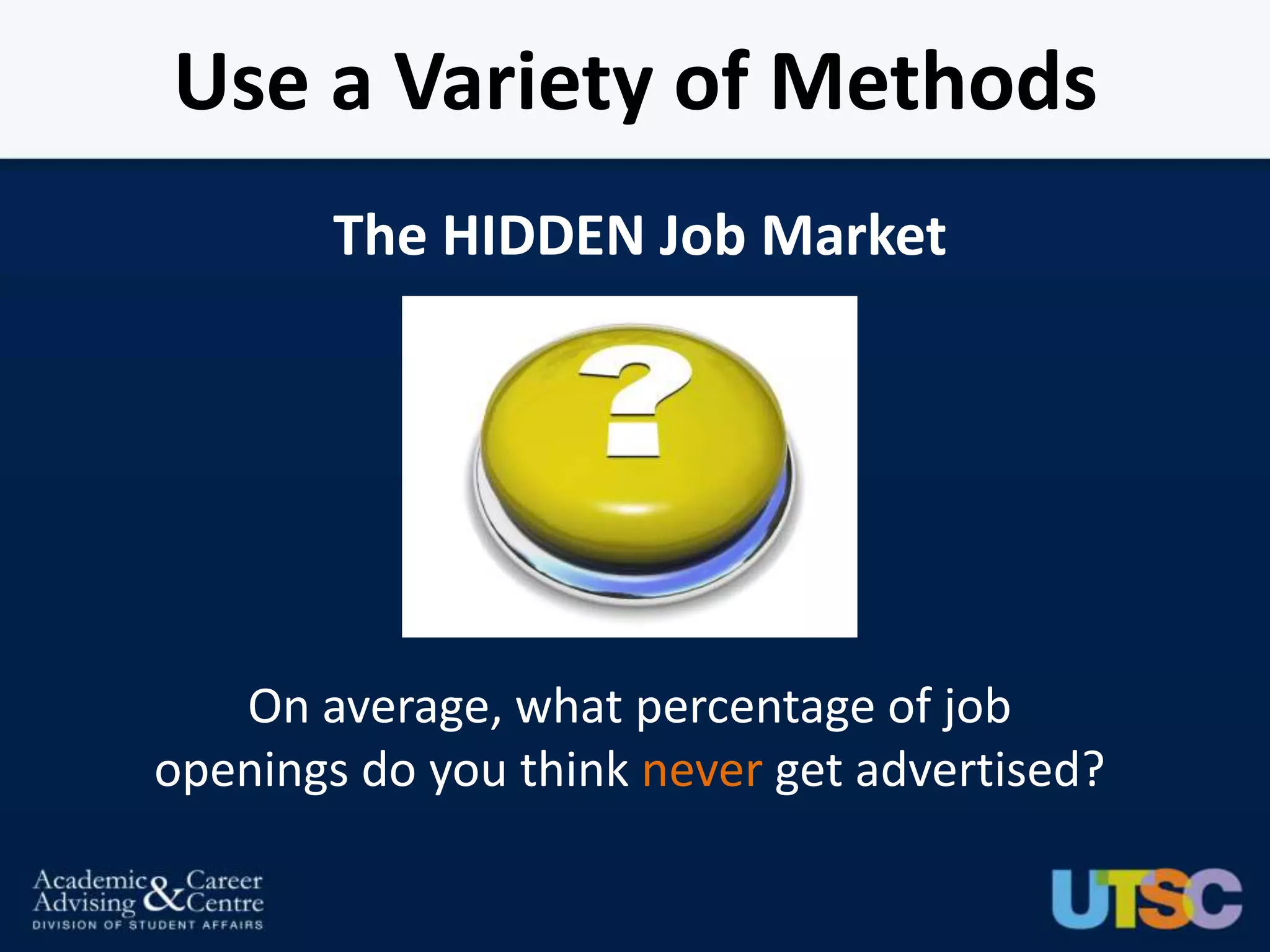 Use a Variety of Methods
        The HIDDEN Job Market




   On average, what percentage of job
openings do you think never get advertised?
 